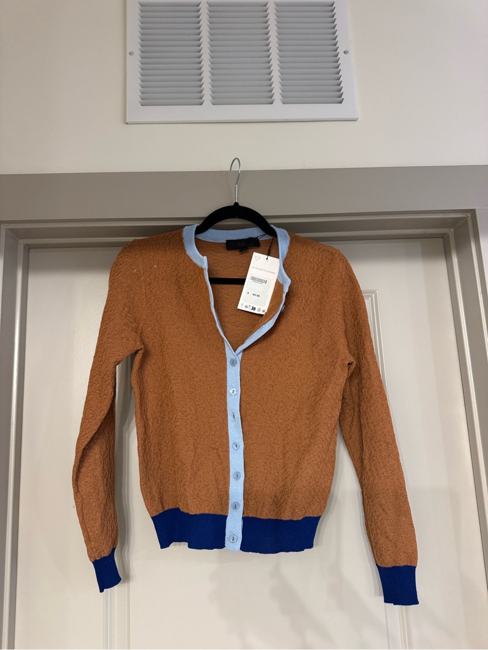 Zara Lightweight Tan Cardigan with Light Blue Trim